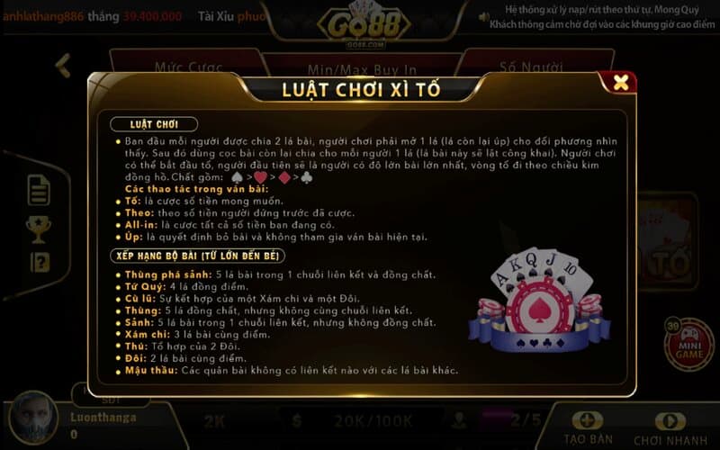 Xì tố Go88: Hướng dẫn chơi đơn giản và hiệu quả cho tân thủ 2 Luật chơi xì tố Go88